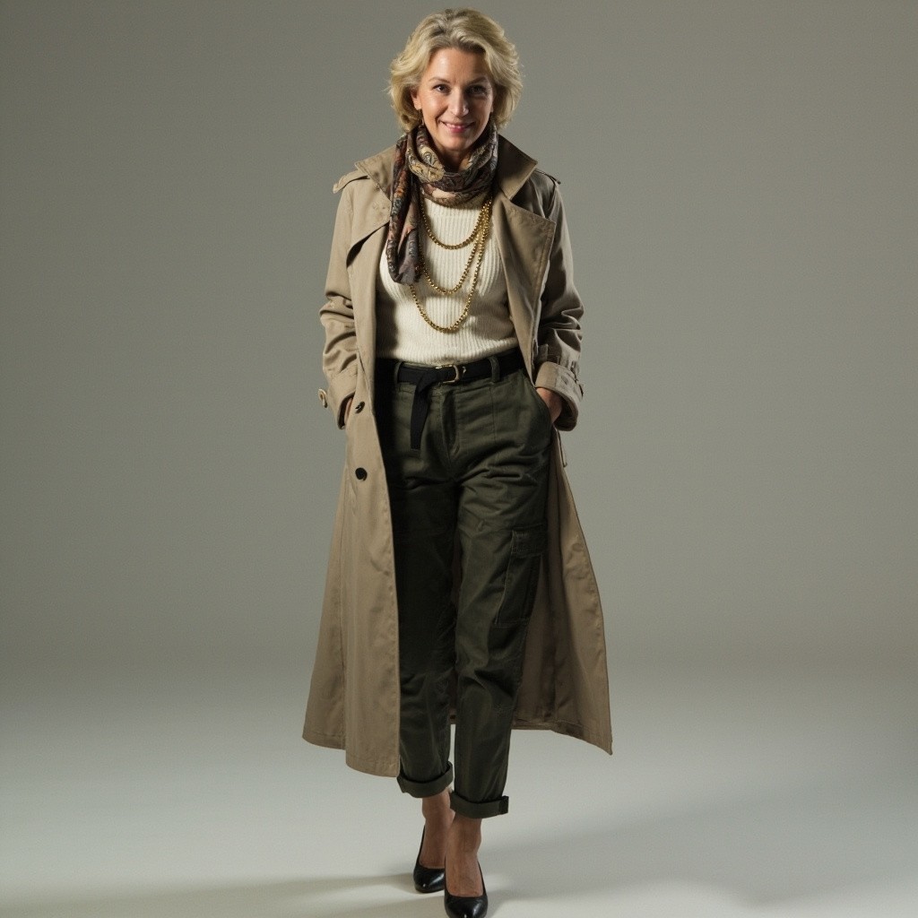 Stylish Woman in Trench Coat and Cargo Pants
