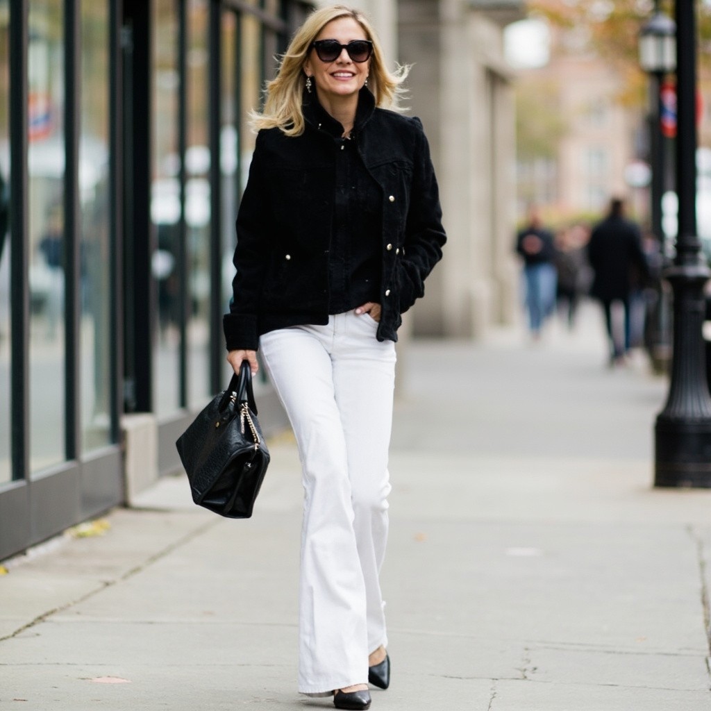 Stylish Woman in White Jeans and Black Chanel Jacket