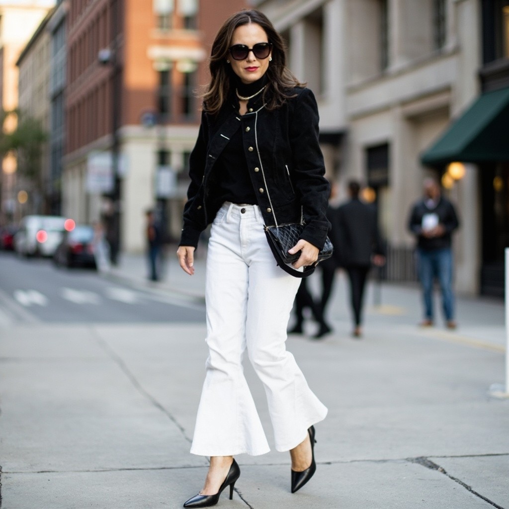 Stylish Woman in White Jeans and Chanel Jacket