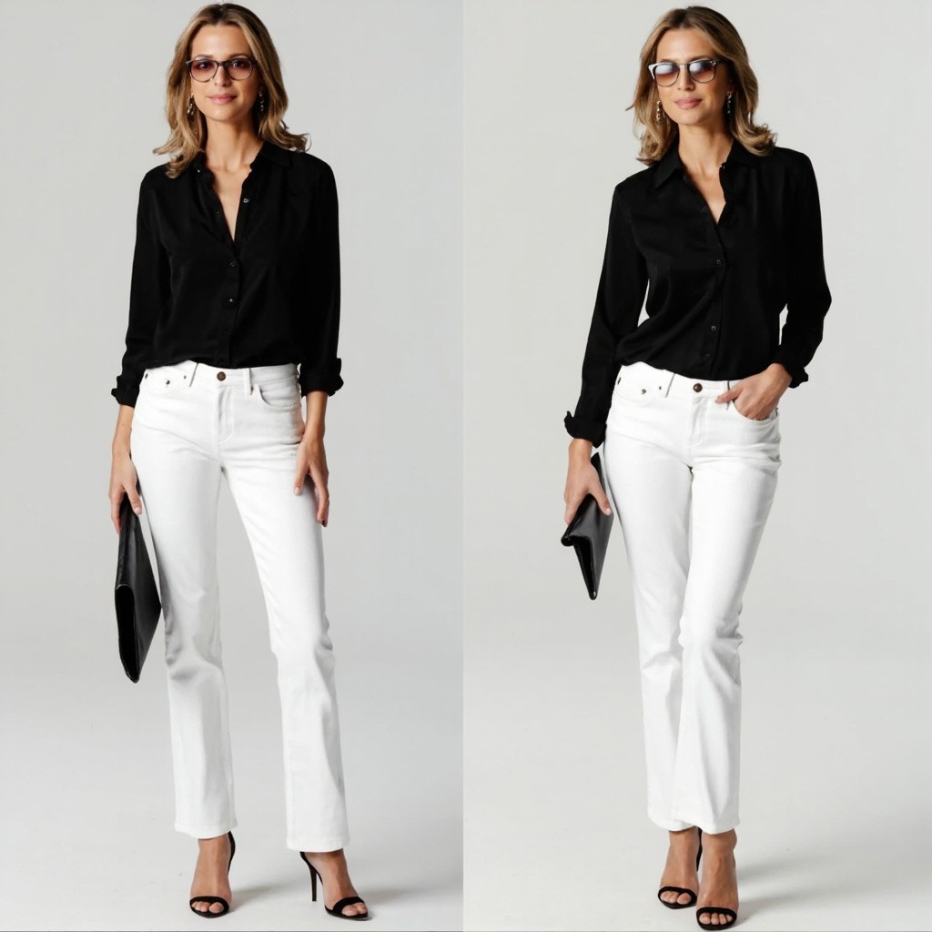Stylish Woman in White Jeans with Black Top