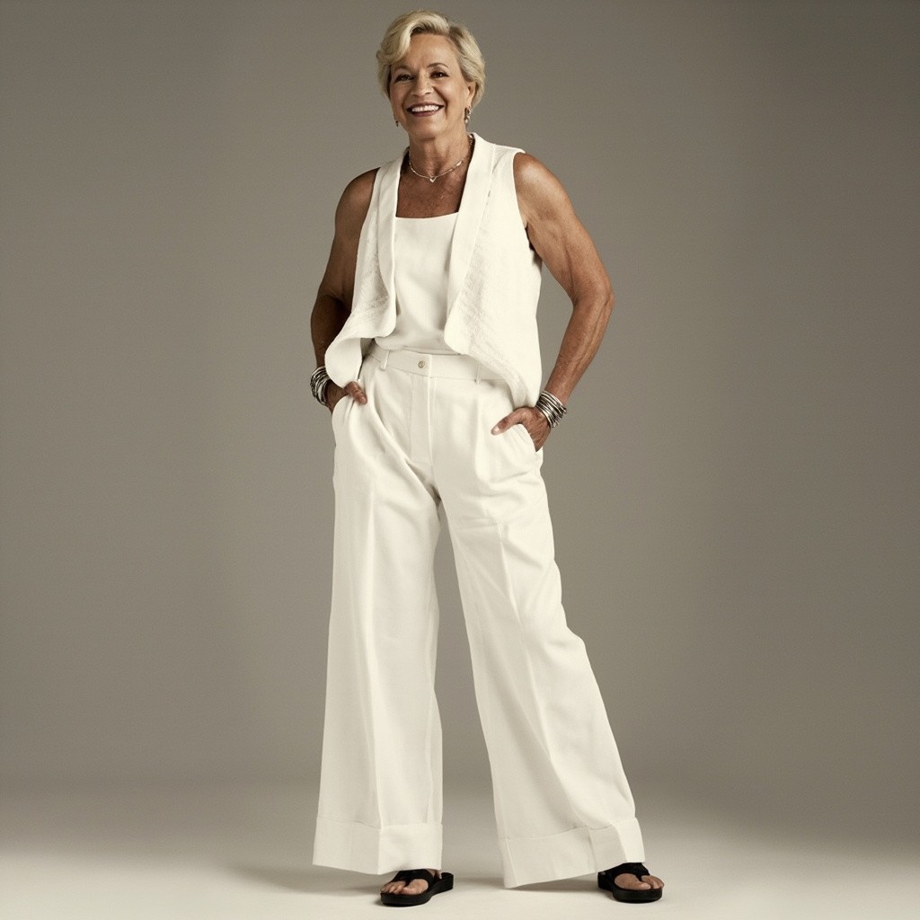 Stylish Woman in White Outfit and Silver Bangles