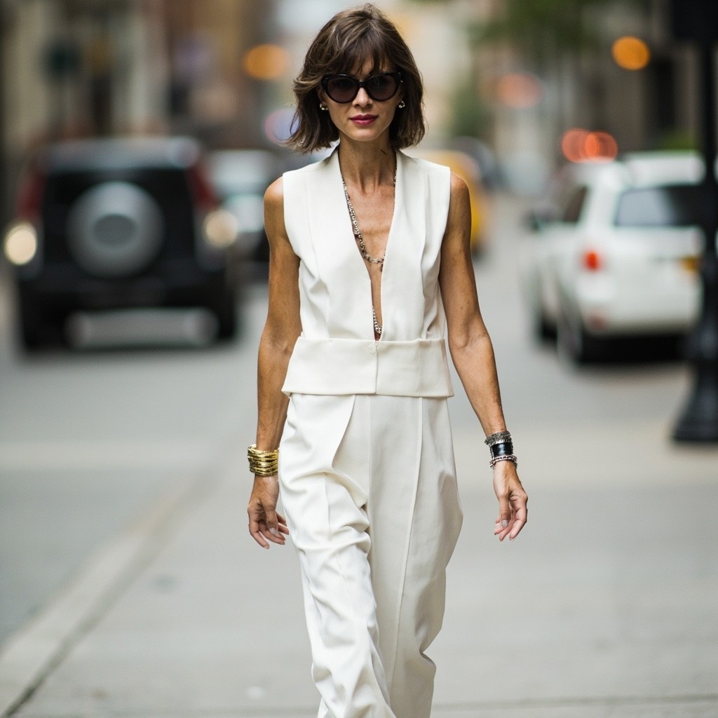 Stylish Woman in White Outfit and Sunglasses
