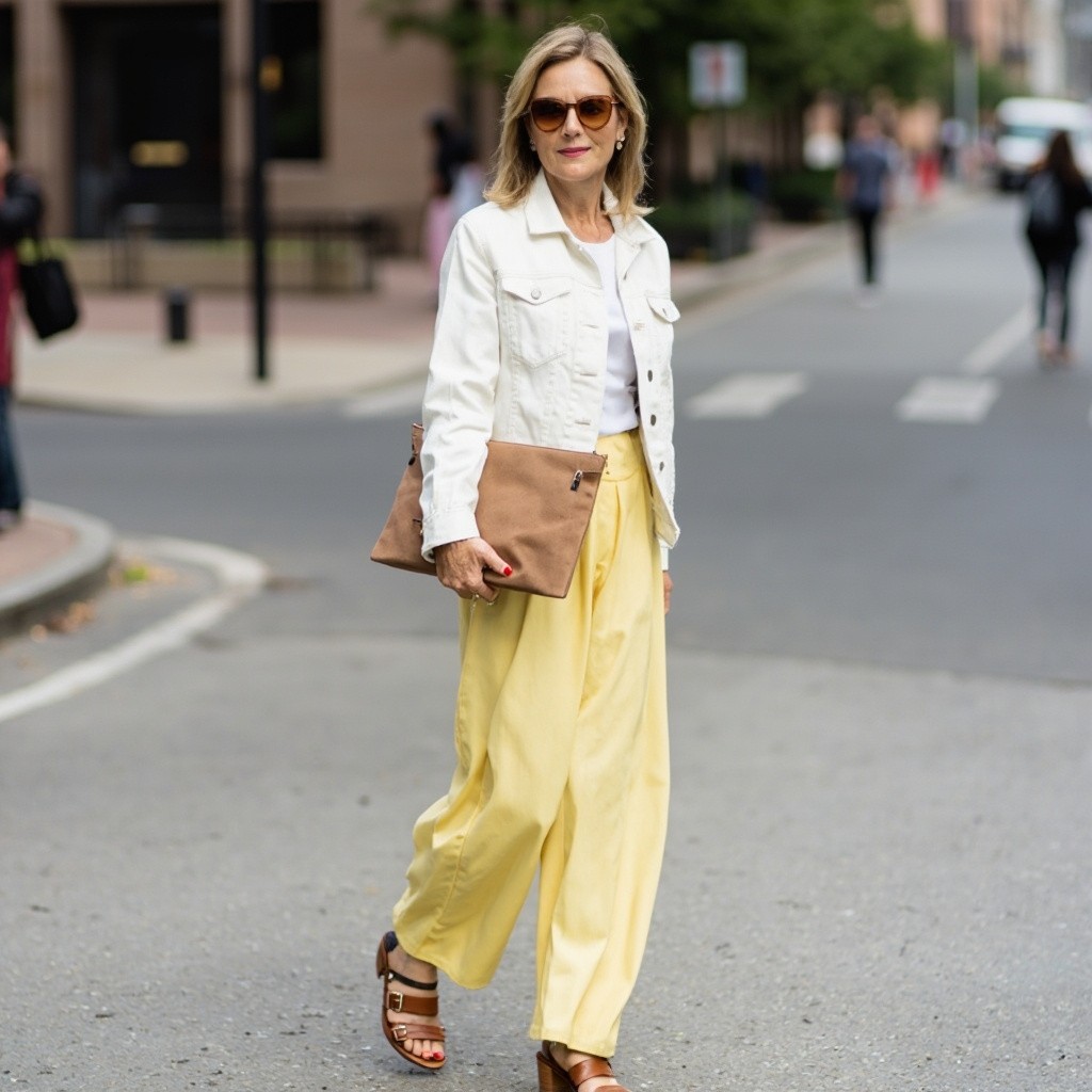 Stylish Woman in Yellow Trousers and Jean Jacket
