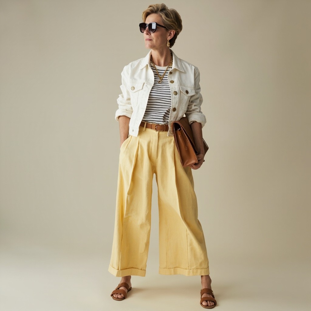 Stylish Woman in Yellow Trousers and White Jacket