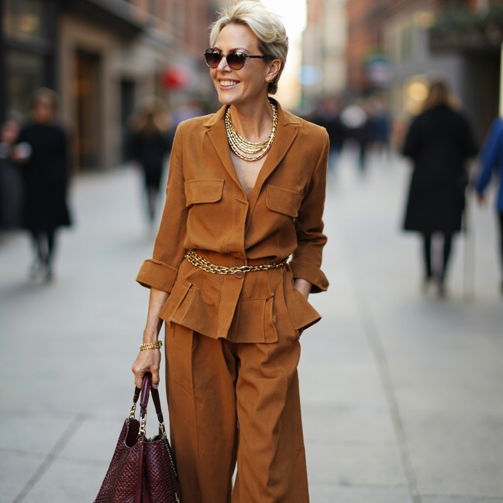 Stylish Woman with Gold Chains and Maroon Clutch
