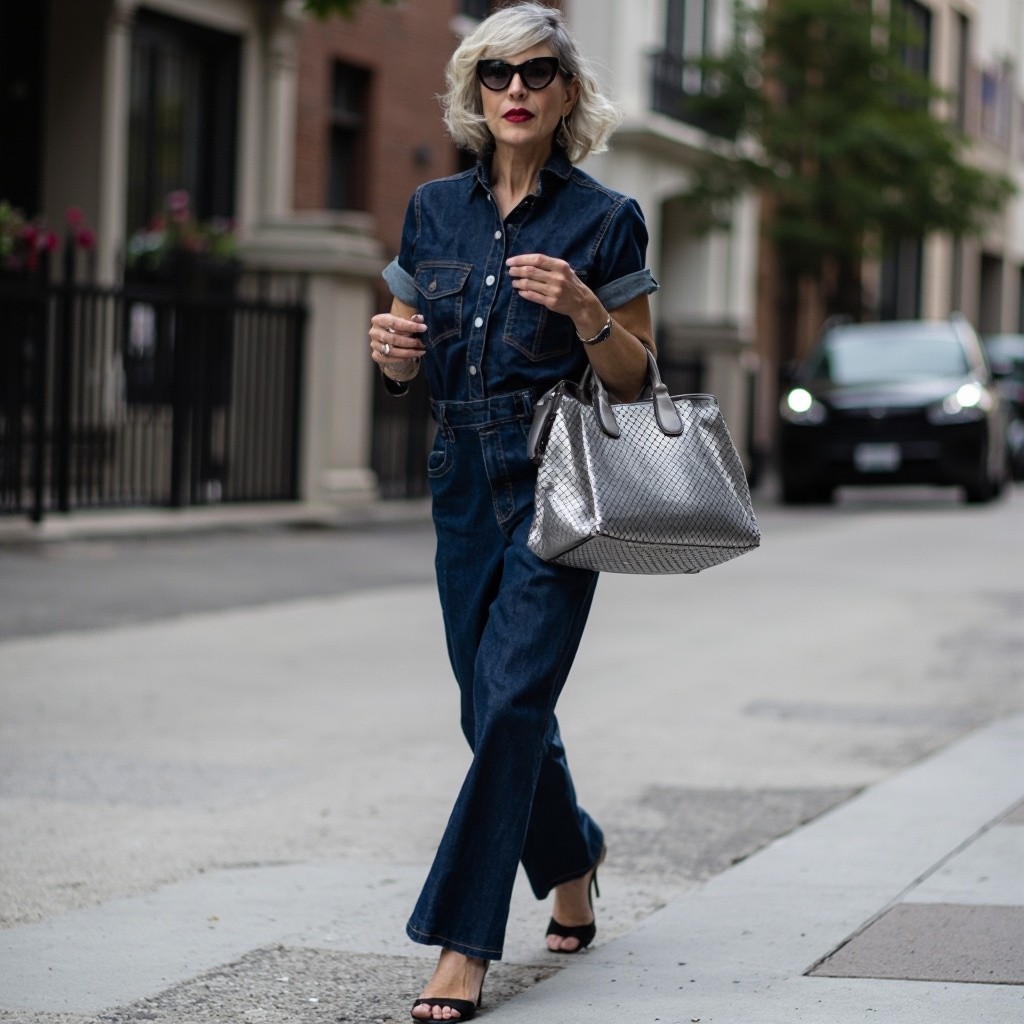 Stylish Woman with Gray Bob, Denim Jumpsuit, Silver Bag