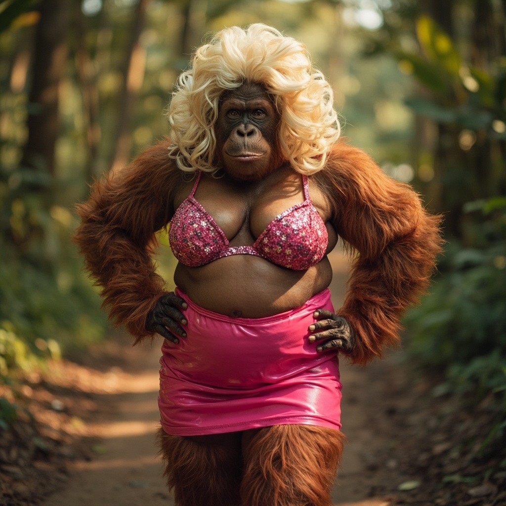 Stylized Female Orangutan Posing in Jungle Path