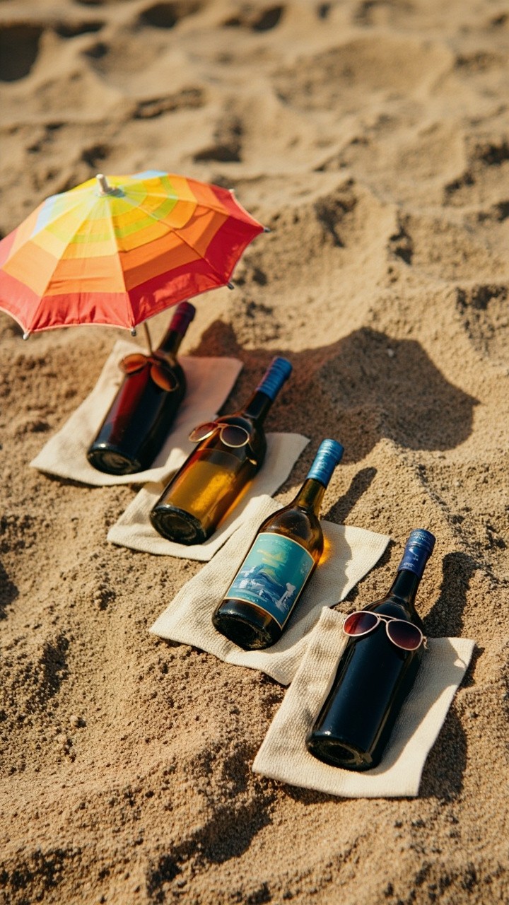 Summer Vacation of Wine Bottles on the Beach