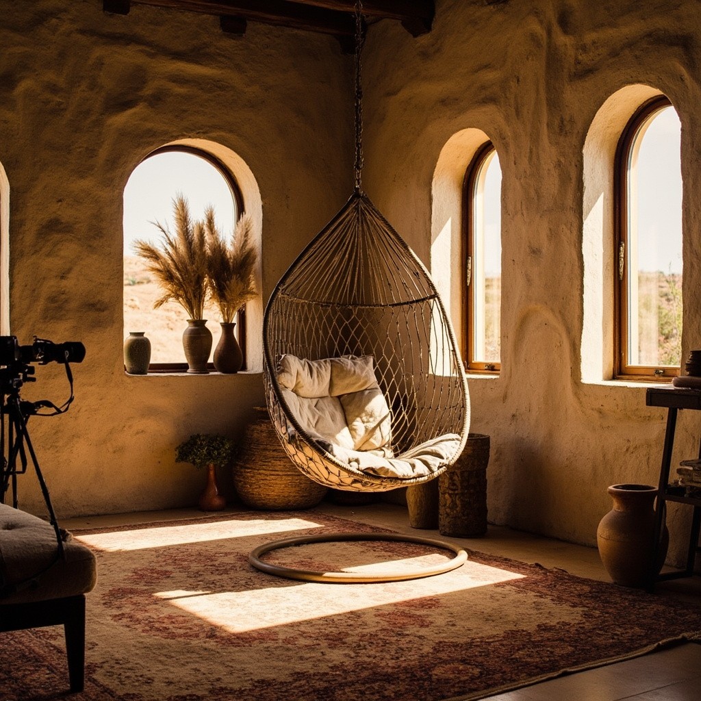 Sunlit Earth-Toned Living Room with Hanging Chair