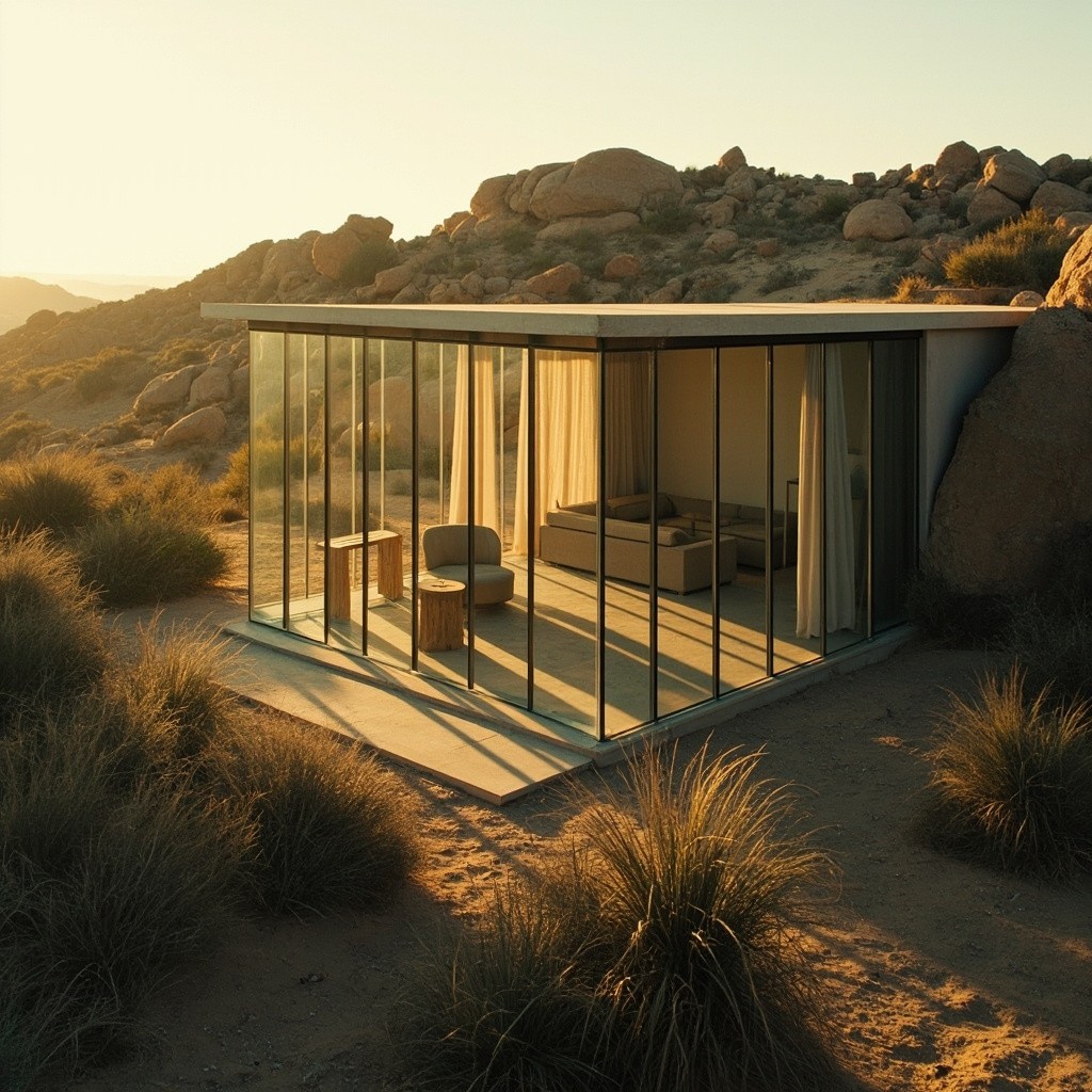 Sunlit Modern House in Rocky Desert Landscape