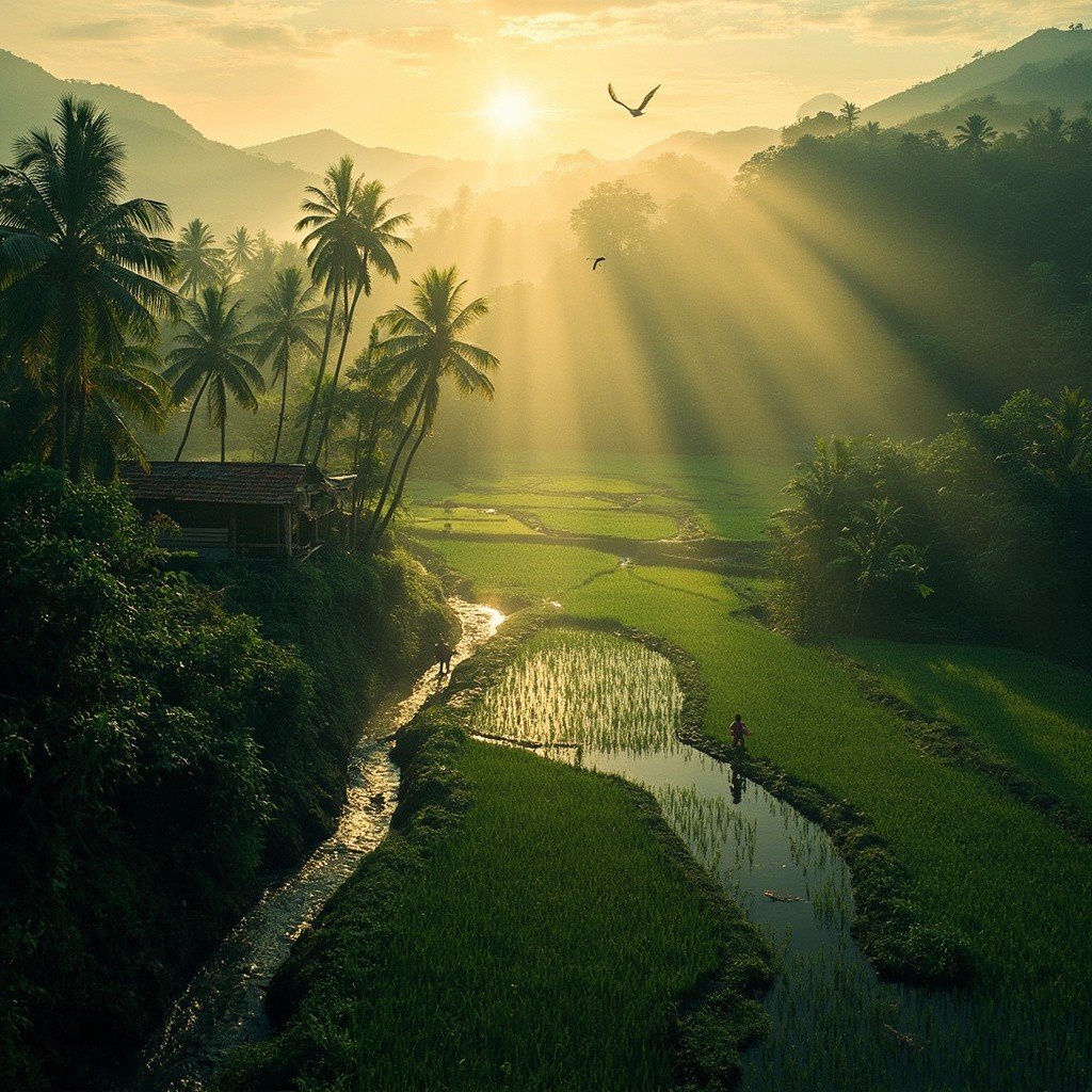 Sunrise Over Serene Hillside Village with Fields Sunrise Over Serene Hillside Village with Fields