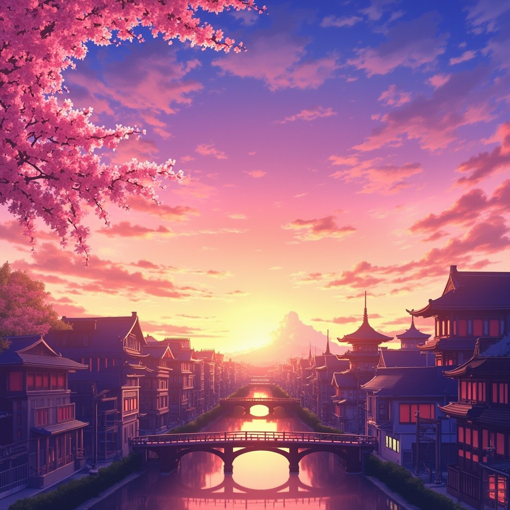Sunset Anime Cityscape with Vibrant Cherry Blossoms