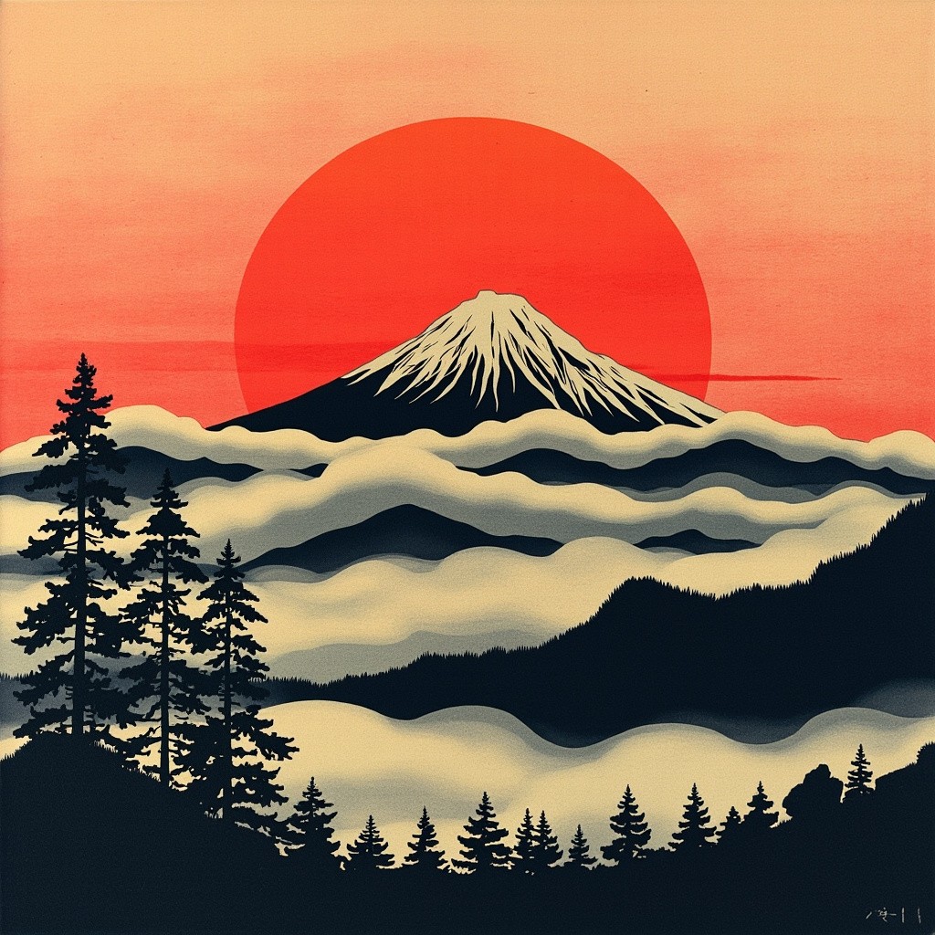 Sunset Over Mount Fuji in Ukiyo-e Style