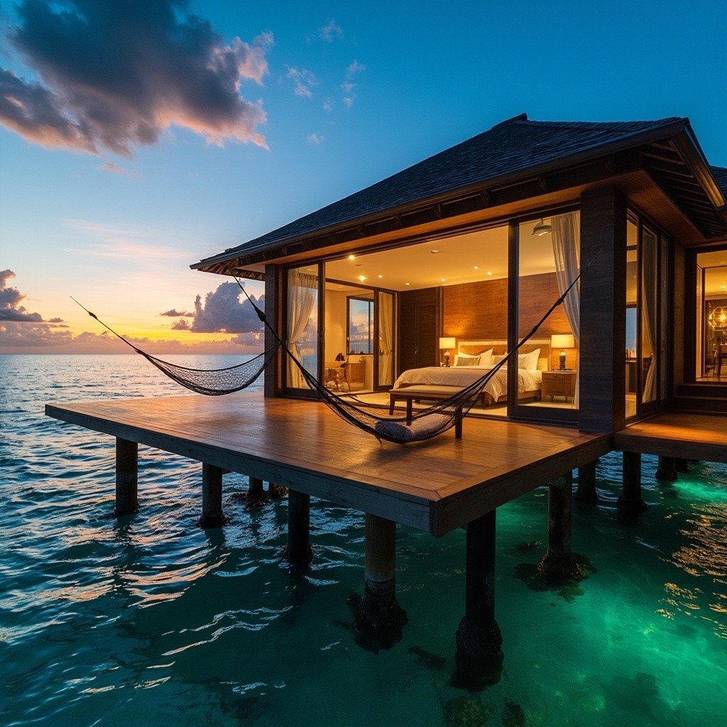 Sunset View of Luxury Villa Over Turquoise Water