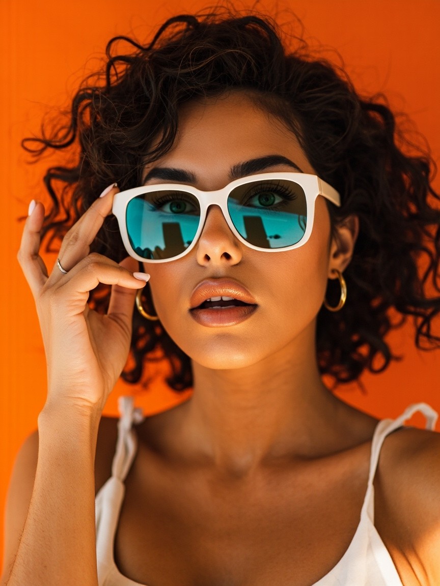 Surprised Brunette Removing Sunglasses, Against Orange Background