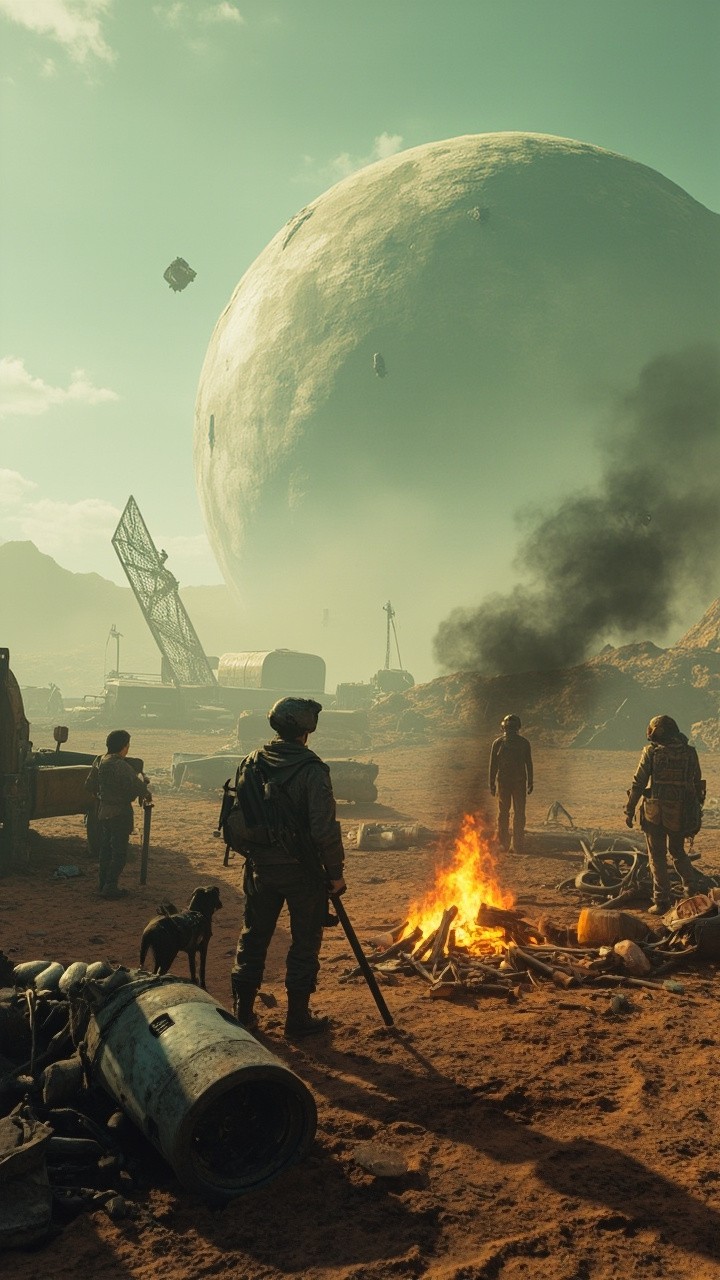Survivors and AI Dog in Post-Apocalyptic Earth
