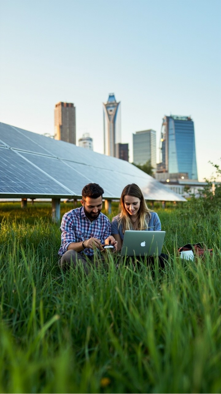 Team Working on Laptop, Solar Panels, City Traffic