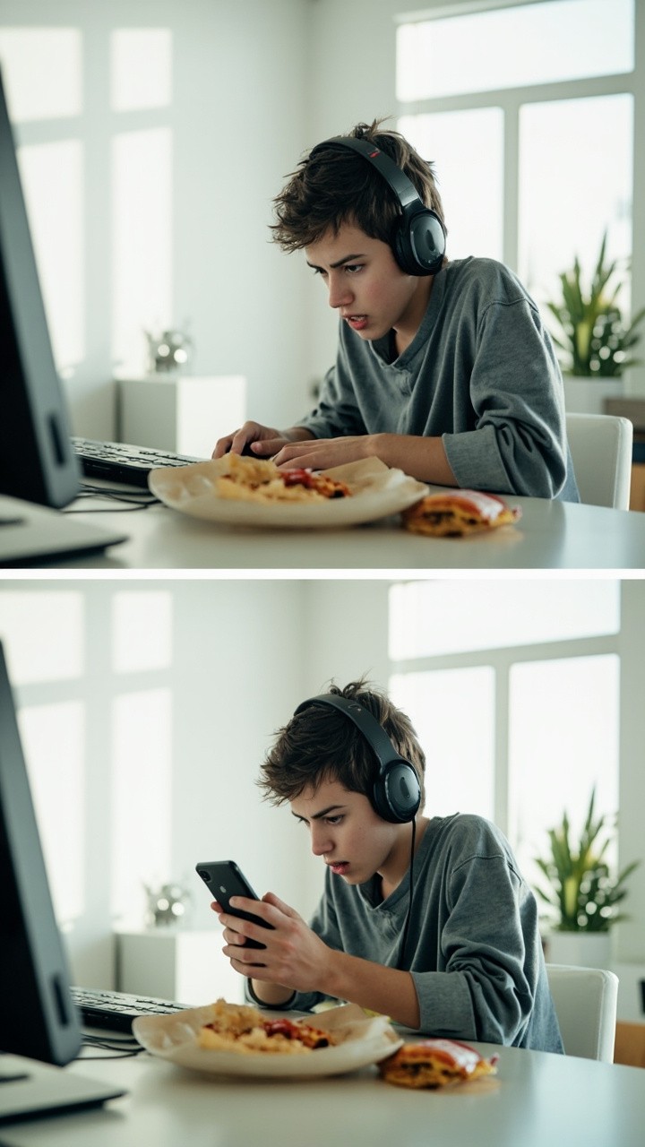 Teen Boy's Routine: Gaming, Studying, and No Sleep