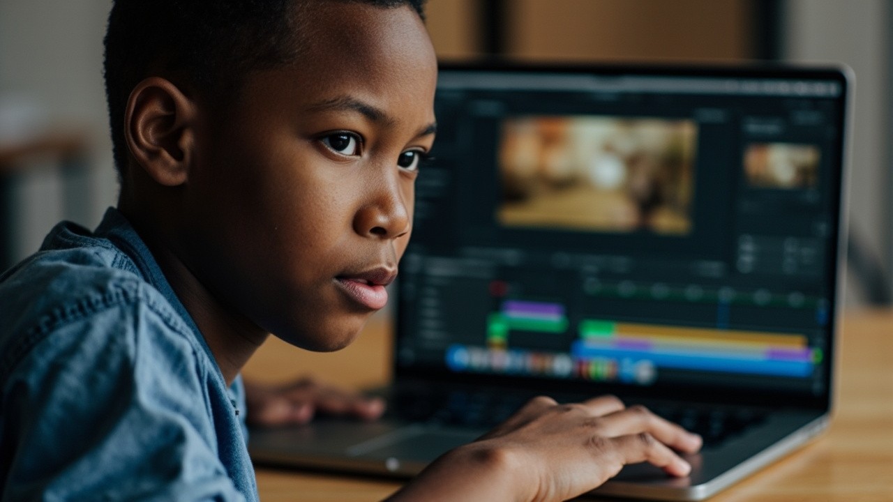 Teenage Boy Editing Video on His Laptop