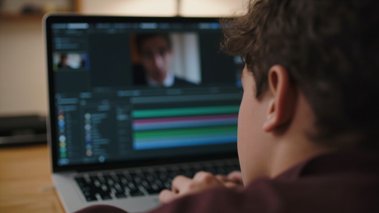 Teenage Boy Editing Video on Open Laptop