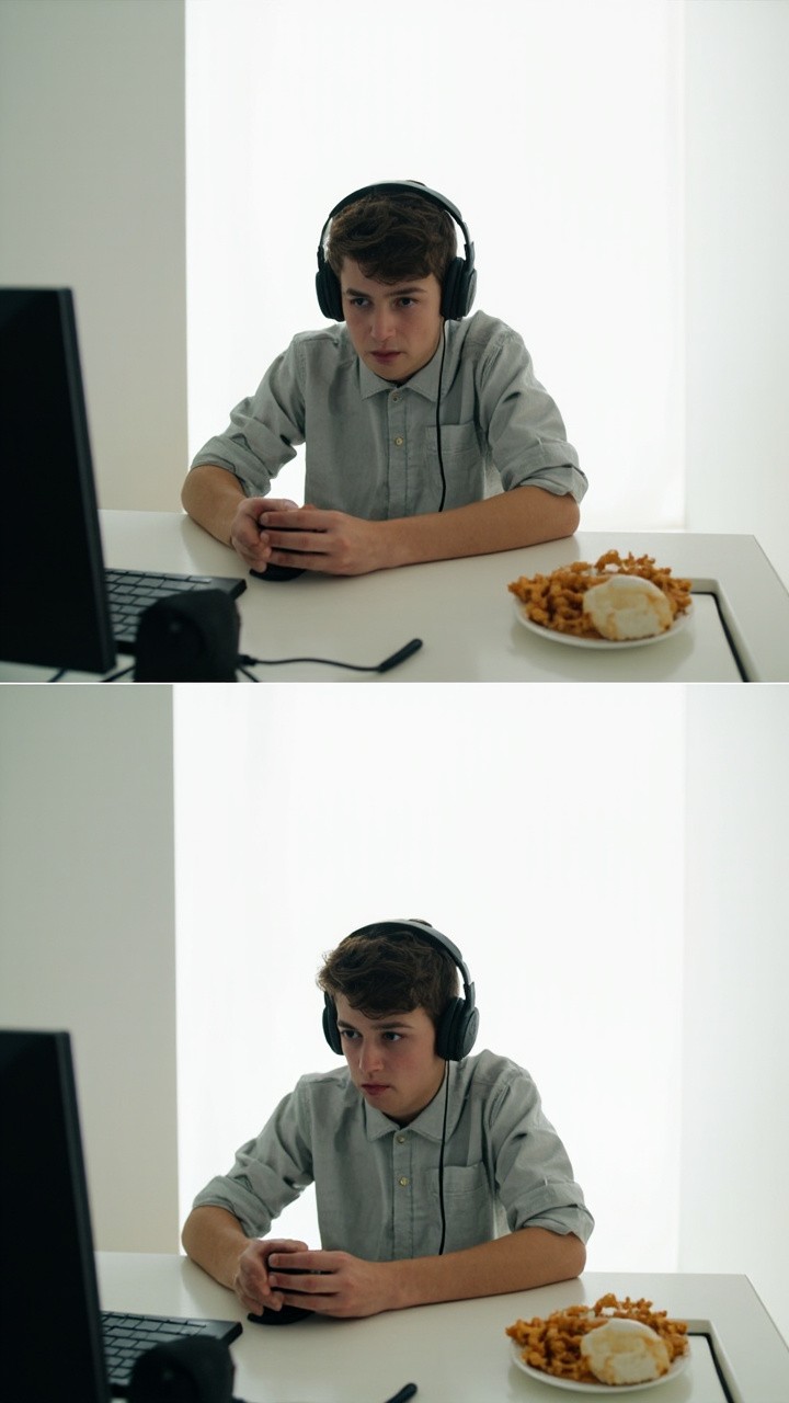 Teenager in Bright Room, Studying and Gaming Hard