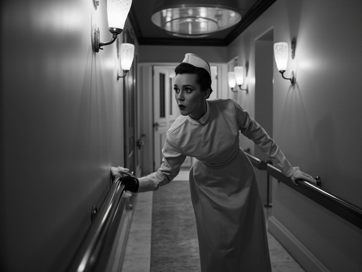 The 1950s Clubhouse Maid Cleaning Futuristic Corridor
