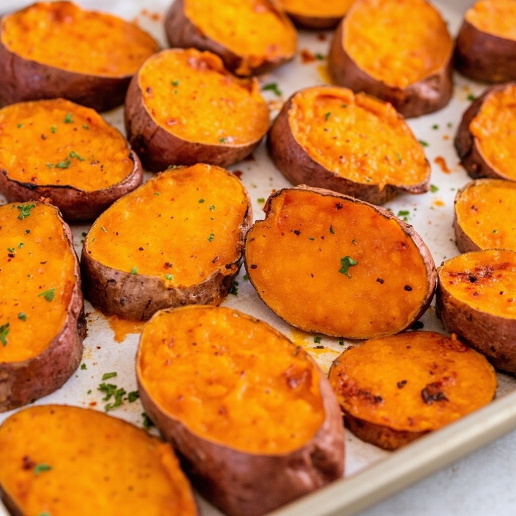 The Baking Sheet with Roasted Sweet Potatoes