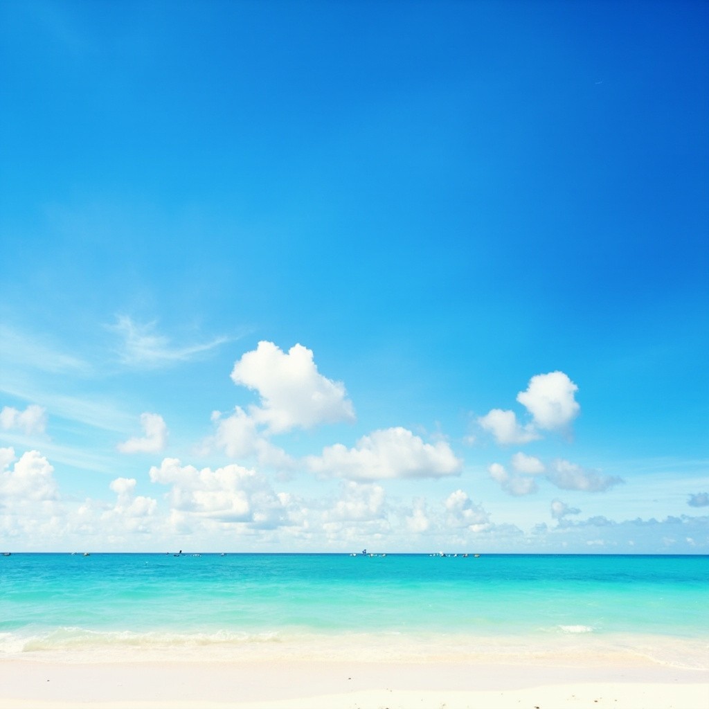 The Beach, Blue Sky, Ocean, and White Clouds