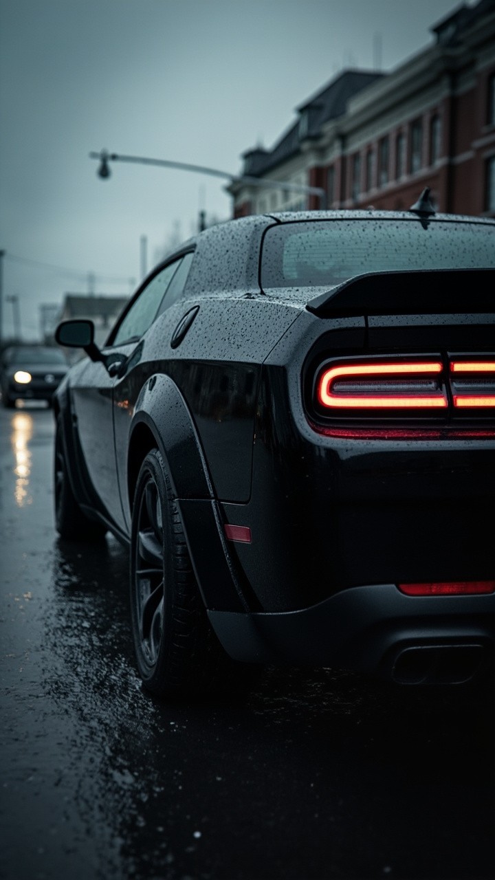 The Black Dodge Challenger Demon 17T in Rain