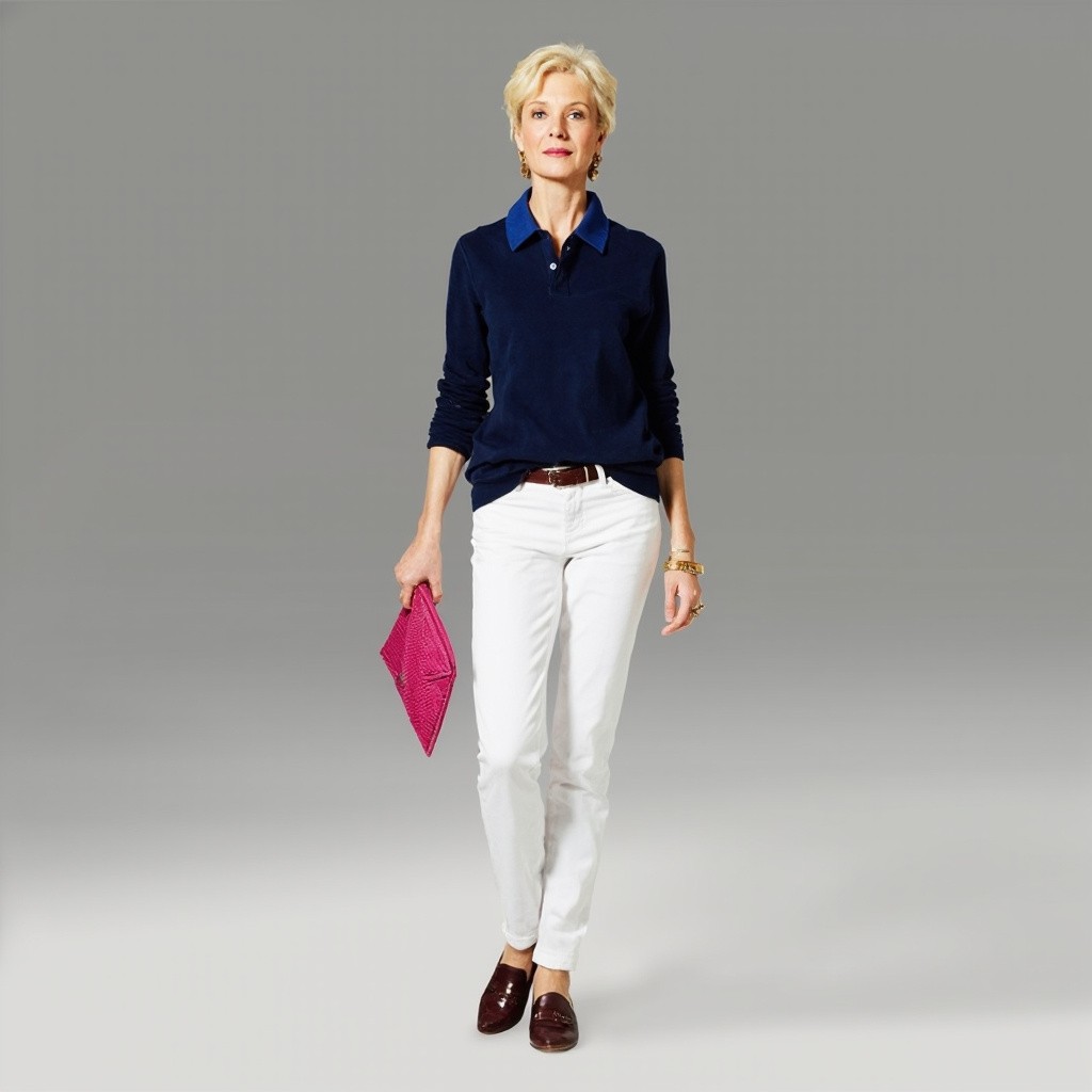 The Blond Model in Navy Polo and White Jeans