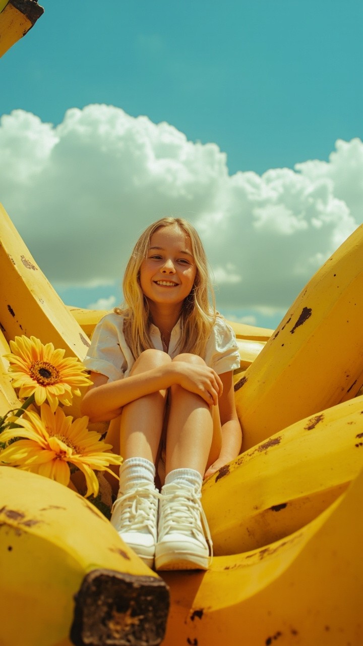 The Blonde Girl on Giant Banana Amidst Tropical Scene