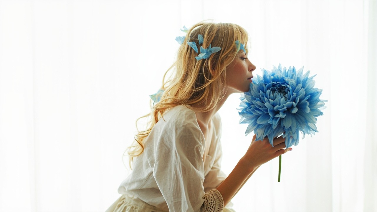The Blonde Model with Blue Chrysanthemum Portrait