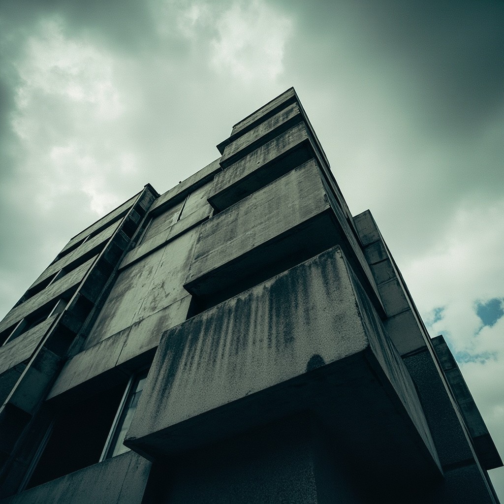 The Brutalist Concrete Building in Cloudy Sky