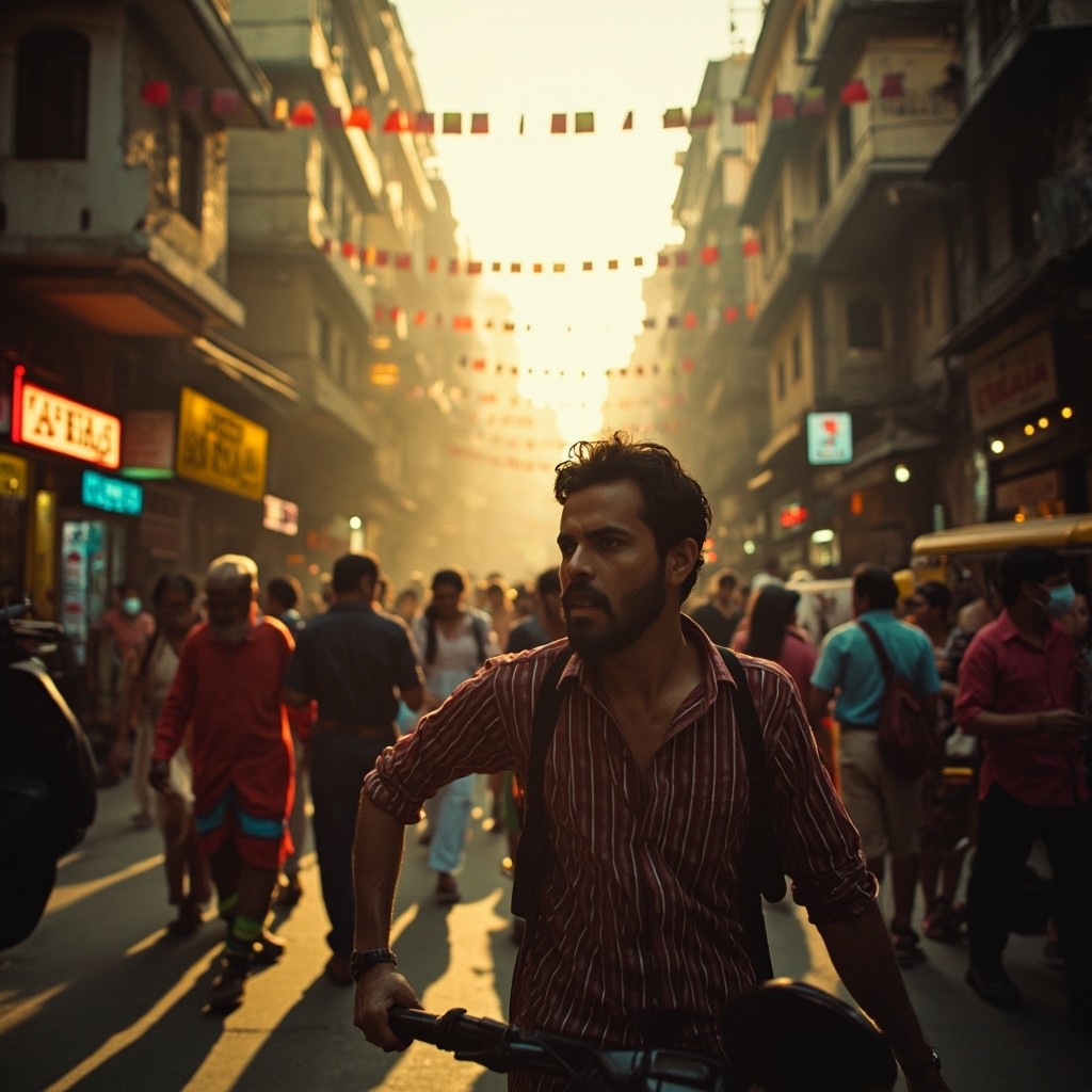 The Bustling Indian Streets in Cinematic Light
