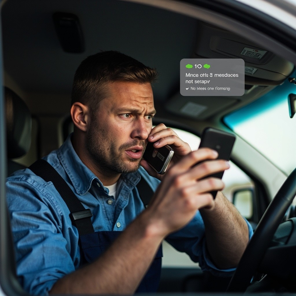 The Busy Plumber Answering Calls in His Van
