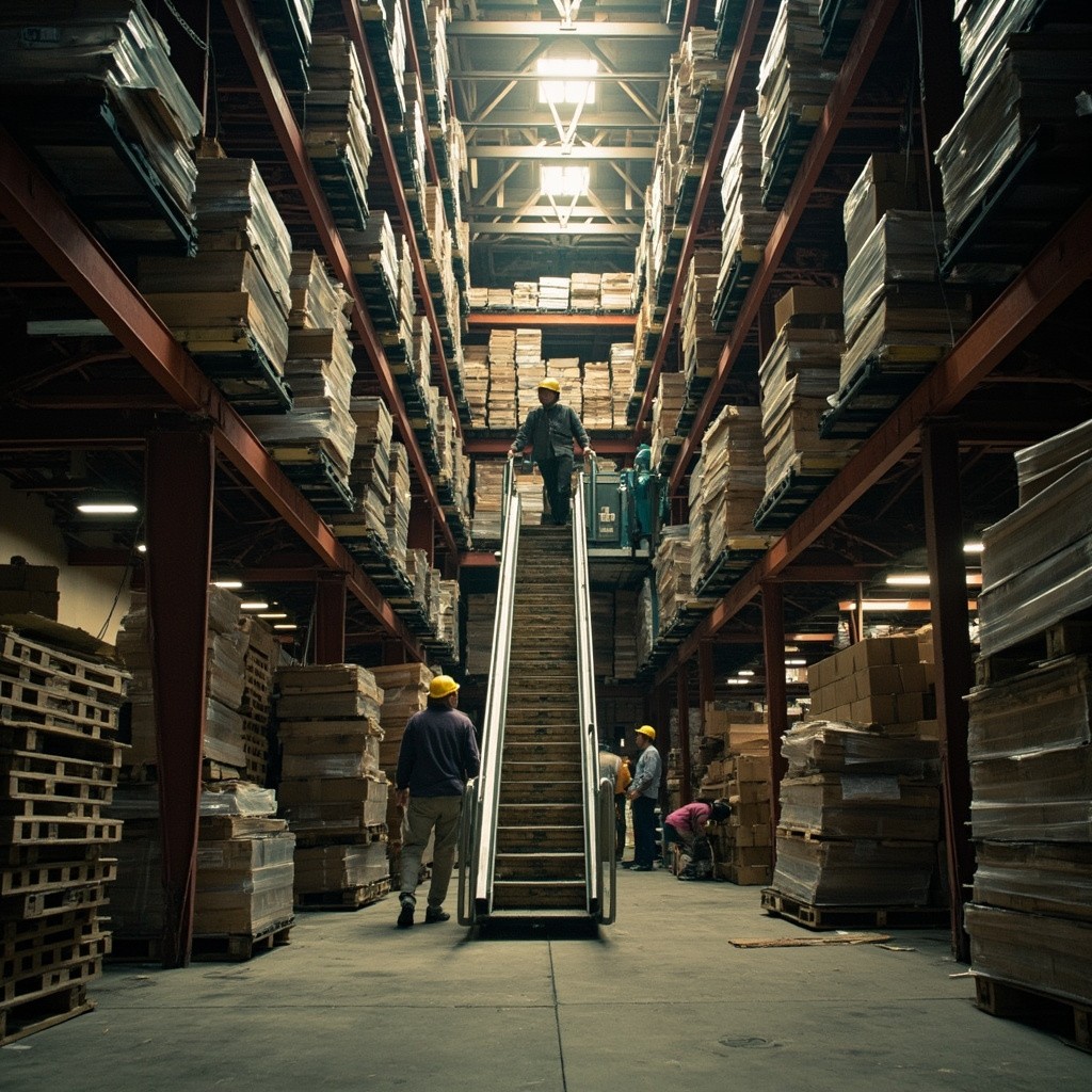 The Busy Warehouse with Yellow-Hatted Workers and Lifts