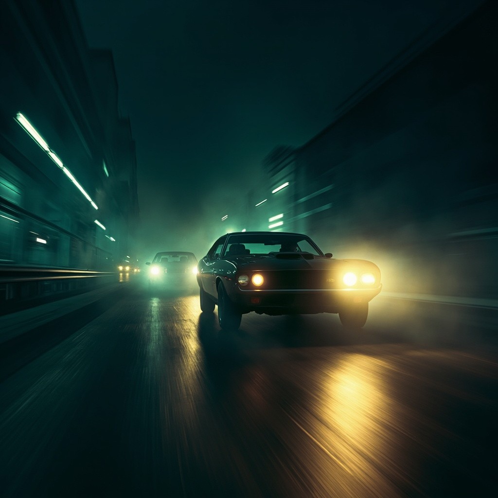 The Classic Car Speeding on Dimly Lit Highway
