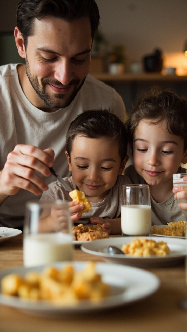 The Content Family Eating Breakfast with Milk and Cheese