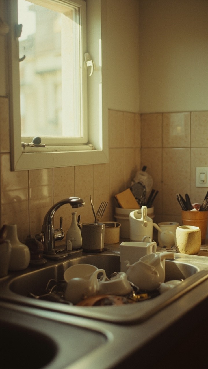 The Cozy, Sunlit Kitchen Sink with Unwashed Dishes