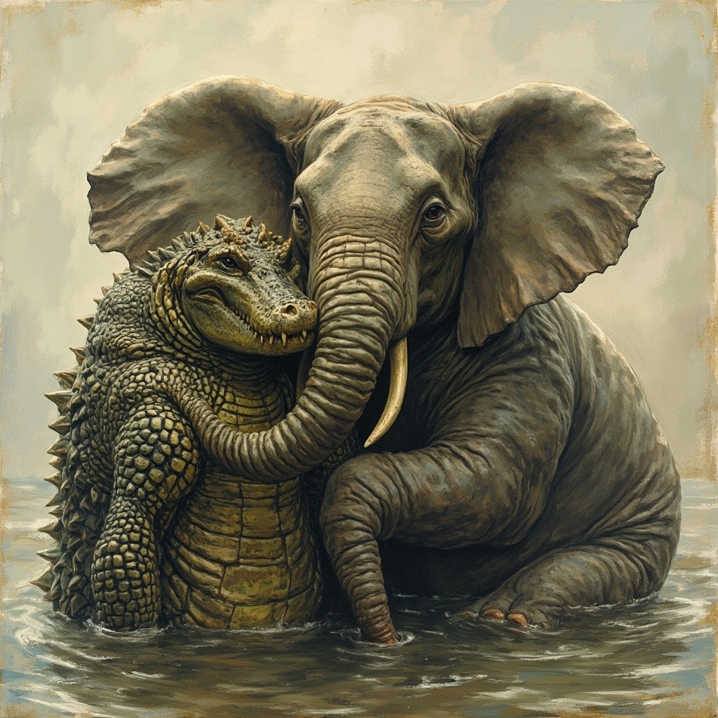 The Crocodile and Elephant Share a Hug