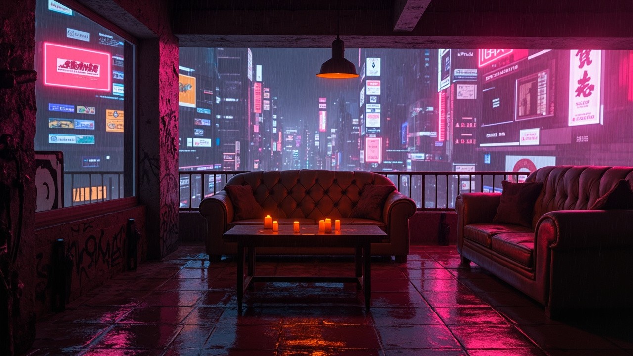 The Cyberpunk Rooftop Lounge Overlooking Neon-Lit Cityscape