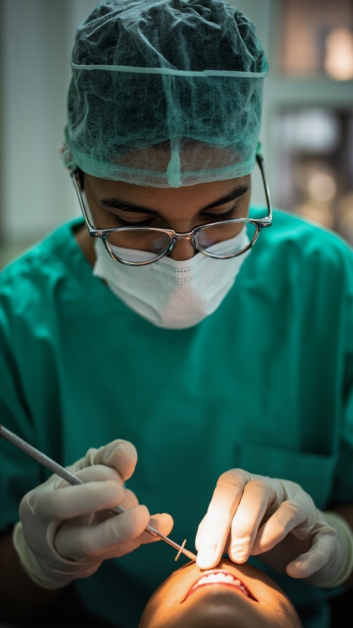 The Dentist in Green Uniform Performing Operation