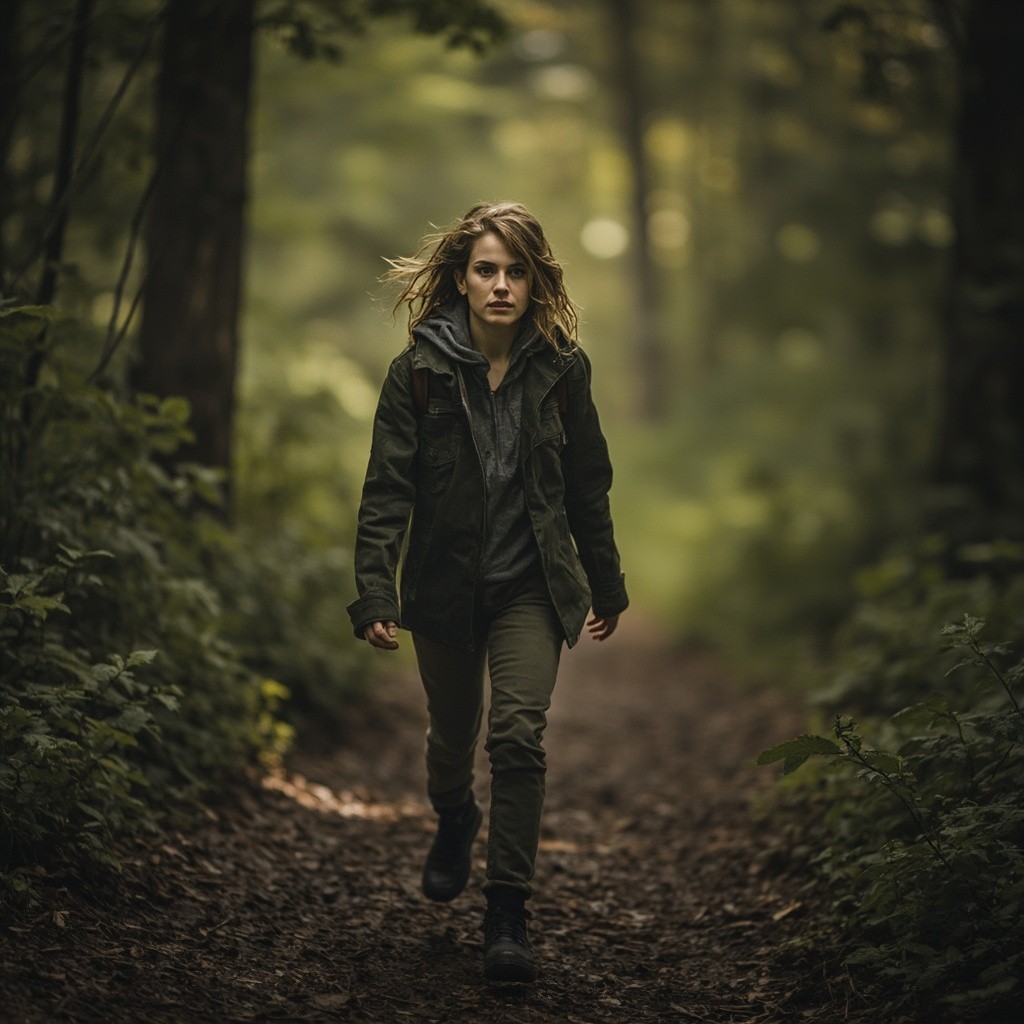 The Determined Woman Walking in a Forest