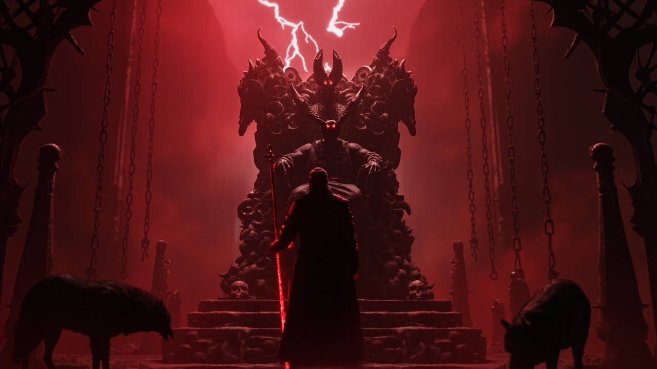 The Devil and Odin's Confrontation in Gothic Throne Room