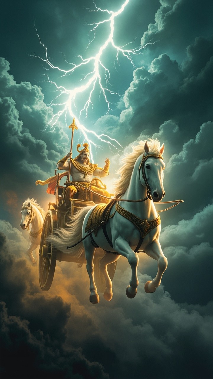The Divine Chariot and Glowing Horses in Storm