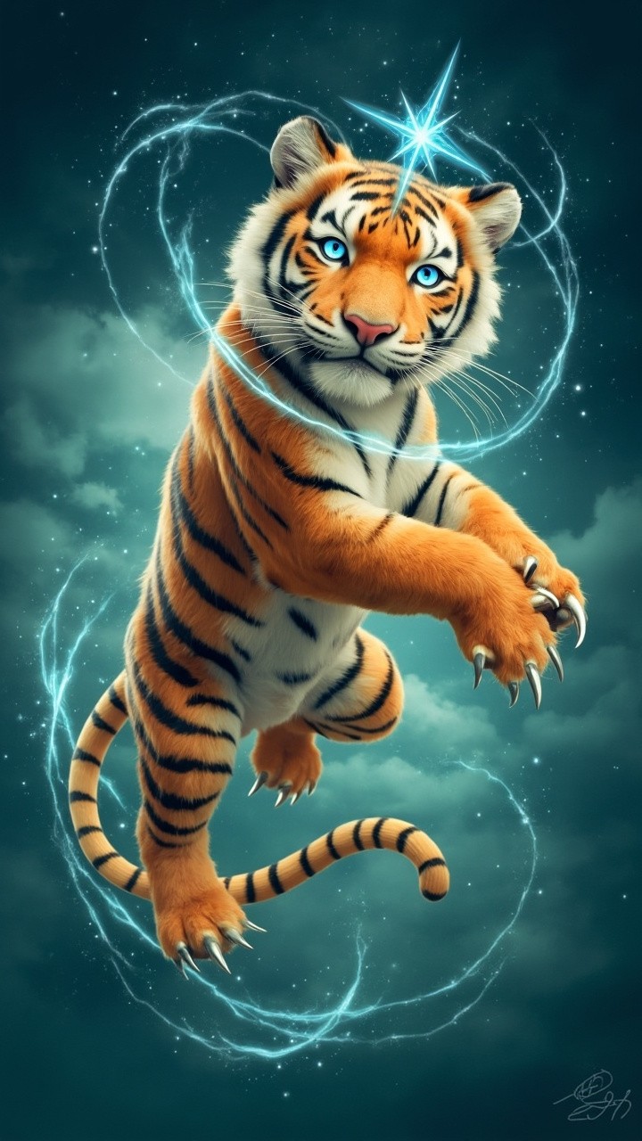 The Divine Tiger Glowing under Starlit Sky
