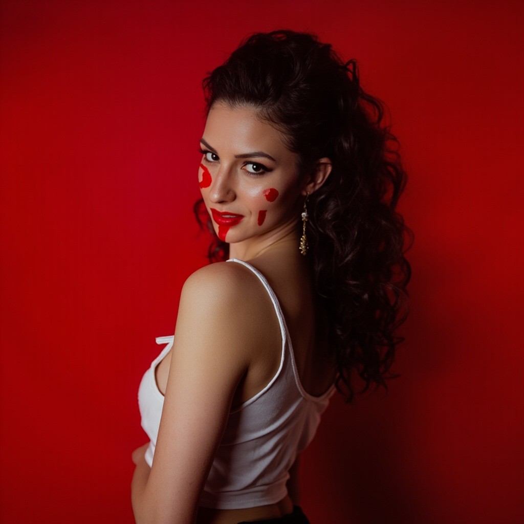 The Elegant Model in Red, White, and Black