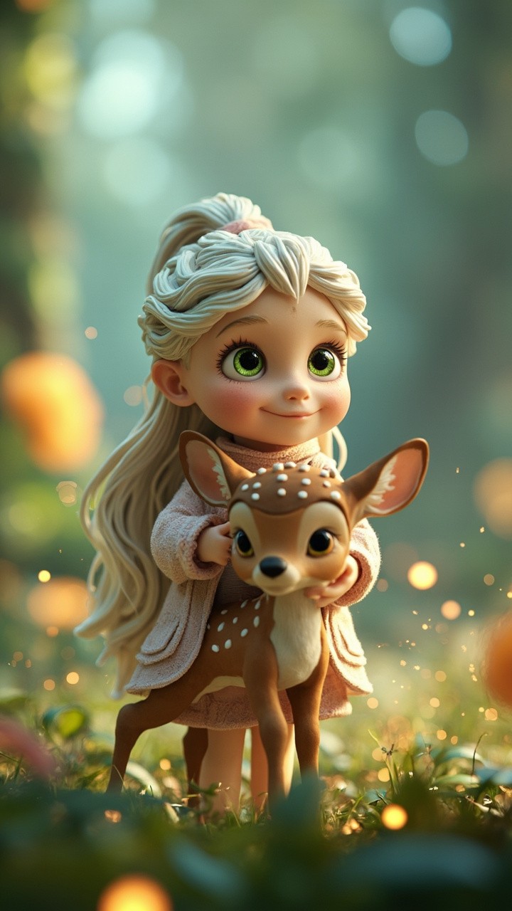The Enchanted Forest: Girl and Fawn in Pixar Style
