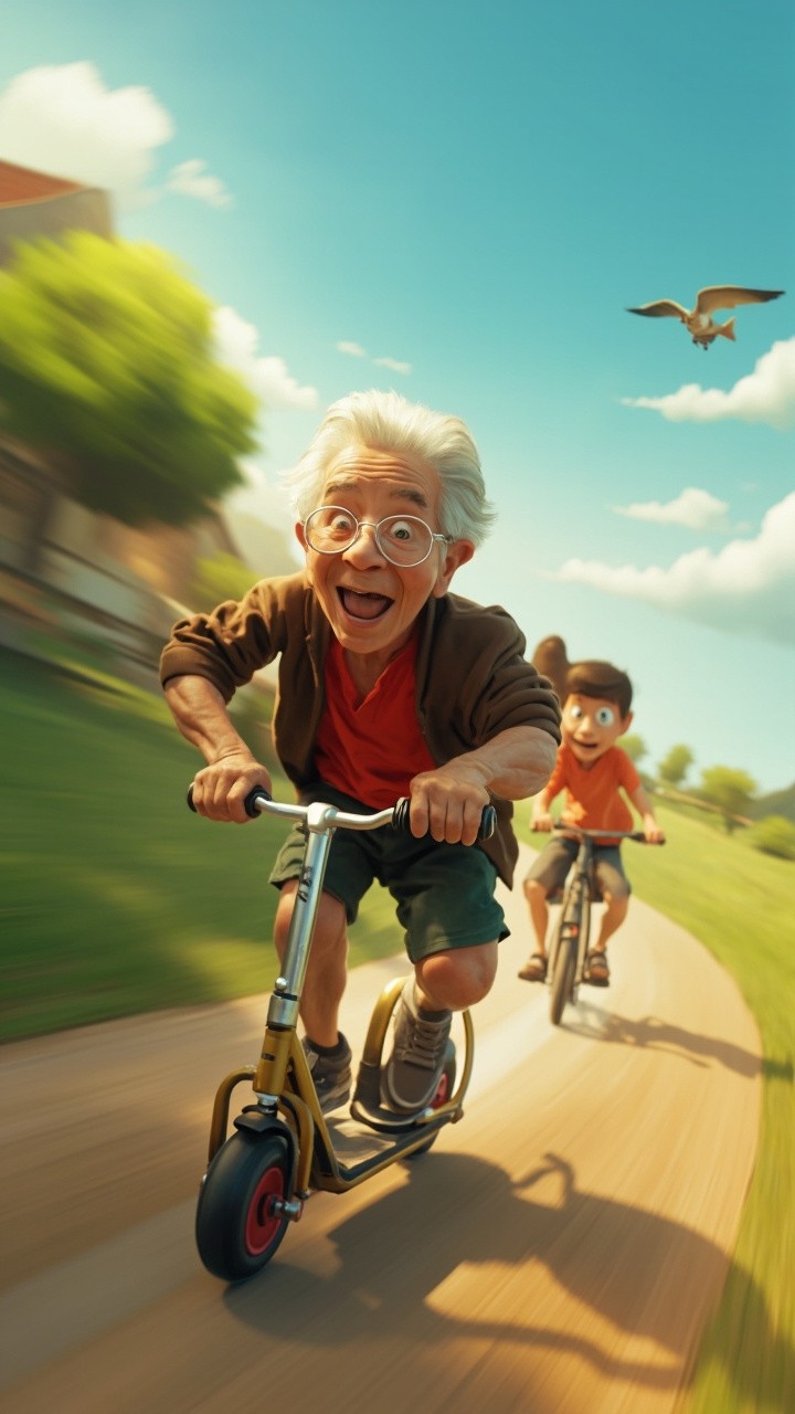 The Energetic Granny Racing Kids Downhill on Scooters