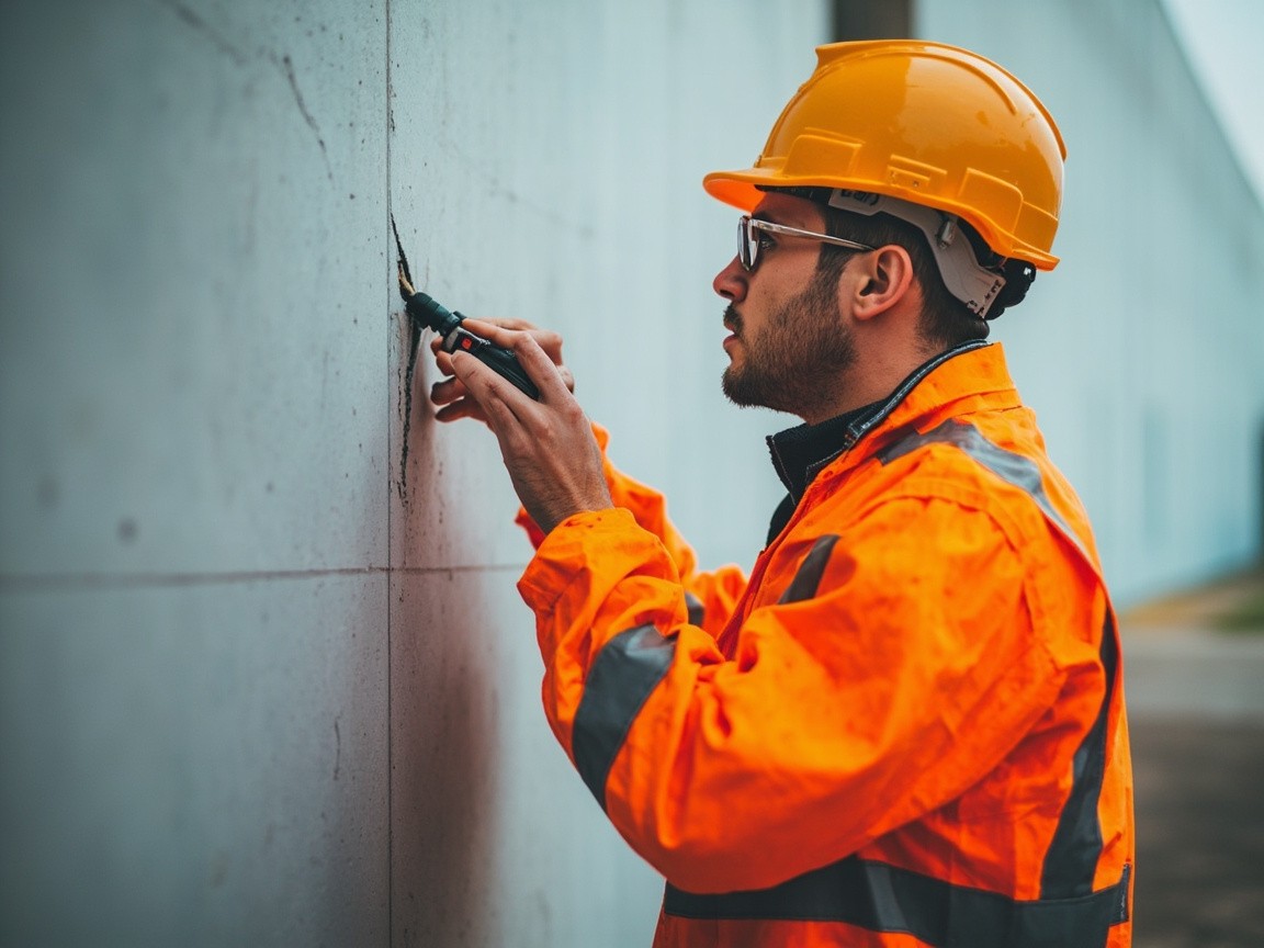 The Engineer Inspecting Wall Crack in Corporate Setting